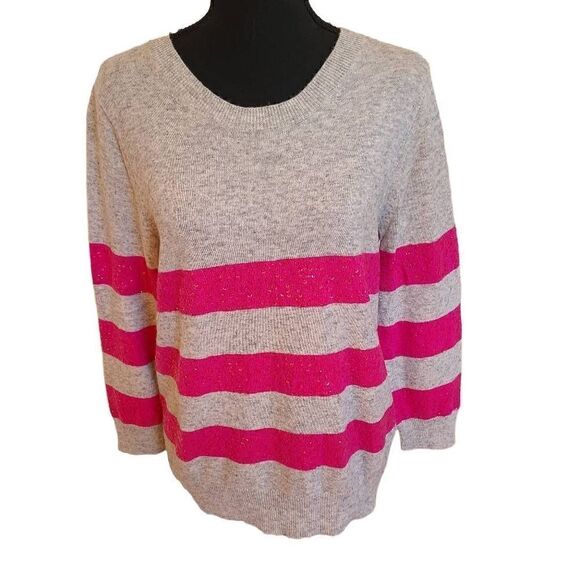 J. Crew Women's Sweater Pullover Pink Sequin Striped Merino Wool White Medium - Picture 1 of 12